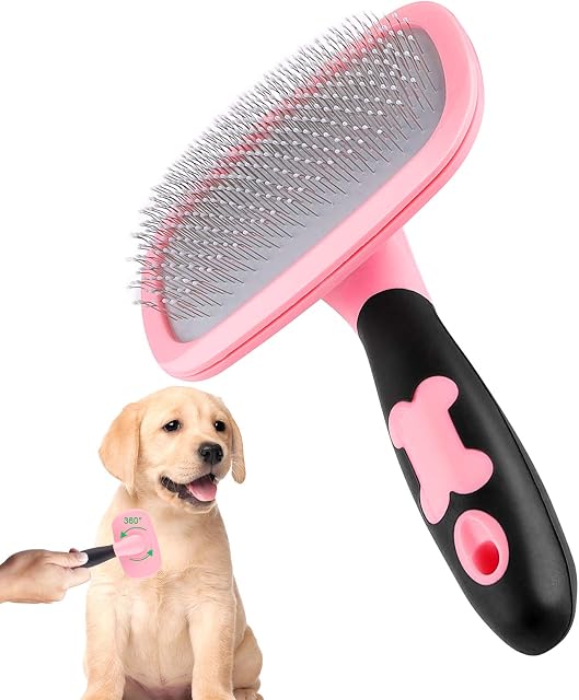 Makerfire Slicker Brush Large,360 Degree Rotation Flexible Slicker Brush for Long Haired Dog, Pet Dog Cat Slicker Brush, Pet Teezer Brush (Large, Pink)