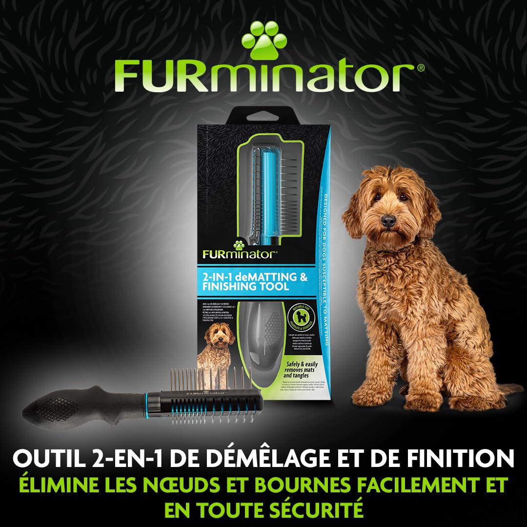 Peigne démêlant et de toilettage pour Chiens 2 en 1 FURminator – Idéal pour caniches et Doodles – Élimine en Douceur nœuds et bourres – Outil de toilettage pour Un brossage sans Stress