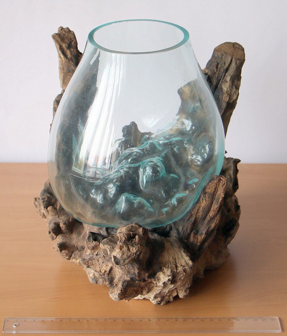 Geschenk Deko Gamal Wurzelholz B-Ware Glasvase Ø Glas 17-19 cm Wurzel Holz Teakholz Vase Glas L