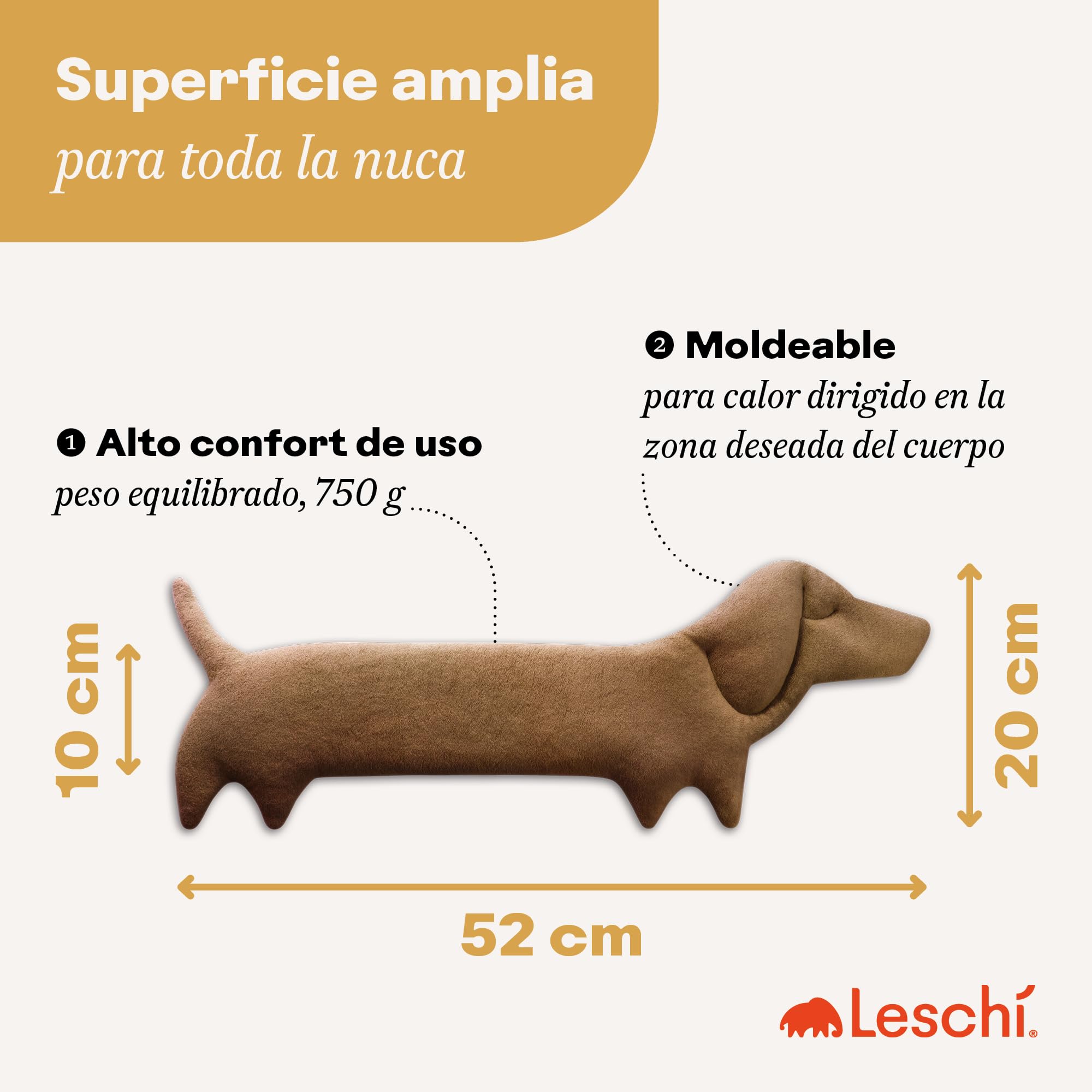 LESCHI Bolsa Semillas Microondas Teckel 52x20 cm, Saco de Semillas de 100% Algodón y Trigo Orgánicos, Perro salchicha marron, Saco Térmico de Semillas para Microondas para Cuello, Cervical y Espalda