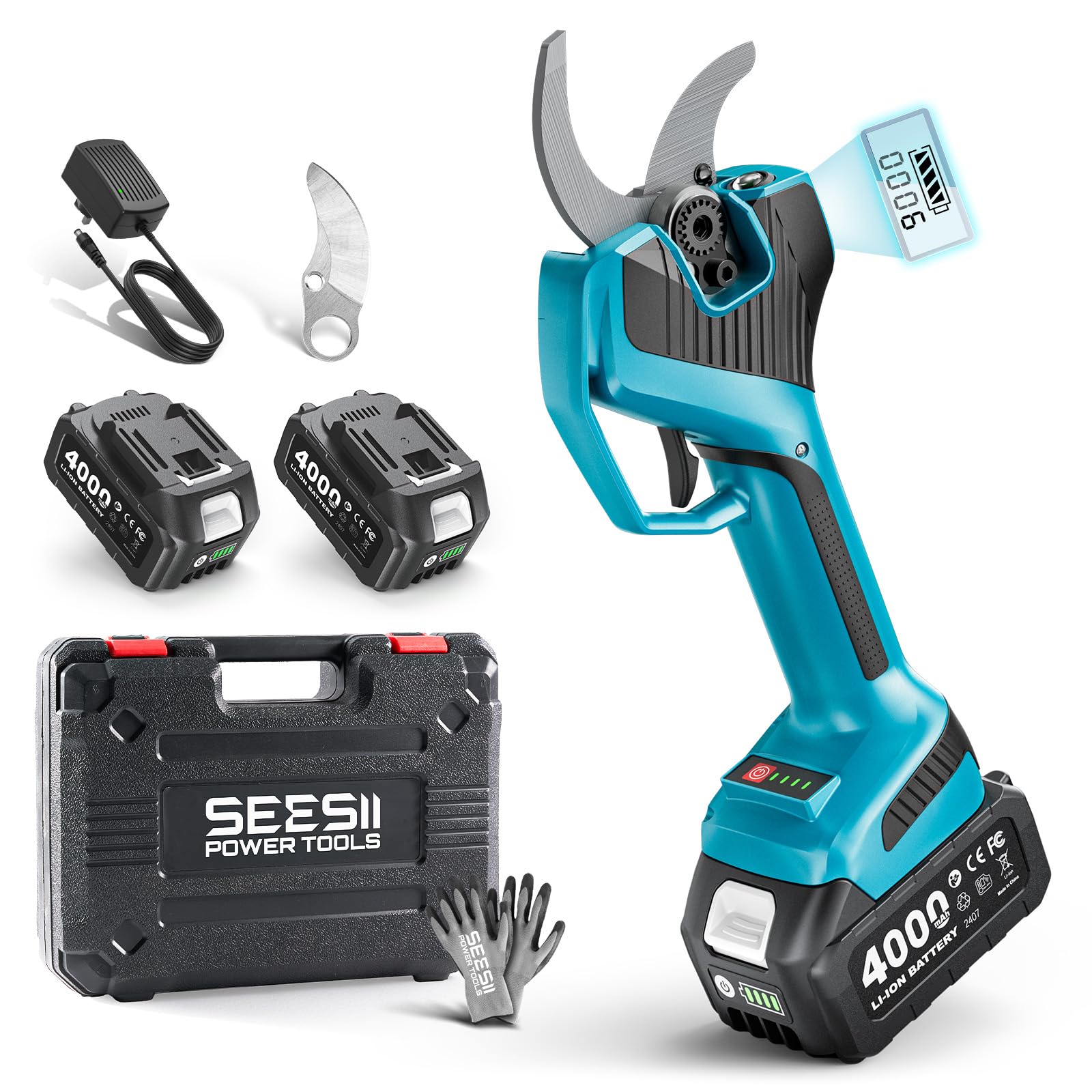 SEESII Tijeras de podar eléctricas con batería de 55 mm con luz LED, 2 baterías de 4000 mAh, hoja SK5, motor sin escobillas, pantalla LCD, para huertos, paisajismo y jardinería profesional