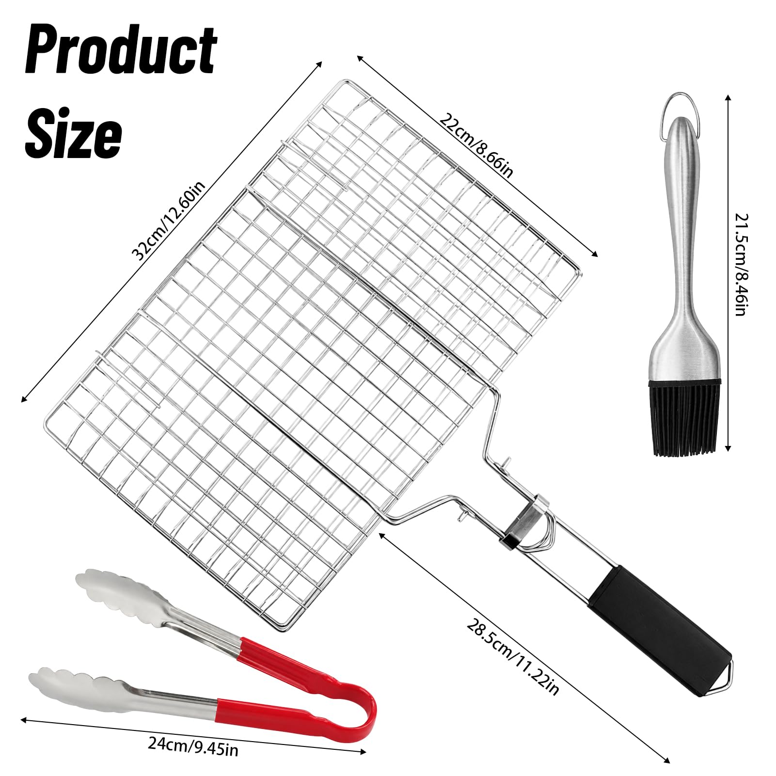 1 cestino per barbecue portatile in acciaio inox con pinza per alimenti e spazzola corta, accessori inossidabili, cestelli per grigliare, pinza pieghevole in rete con manico rimovibile per verdure