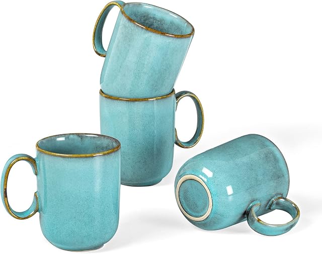 Mugs Set of 4, Stoneware Chic Style Ceramic Coffee Cups Set - Blue, Tea Mugs with Handles Ideal for Coffee / Tea / Hot Chocolate / Milk / Water / Drink - 450ml / 15 oz