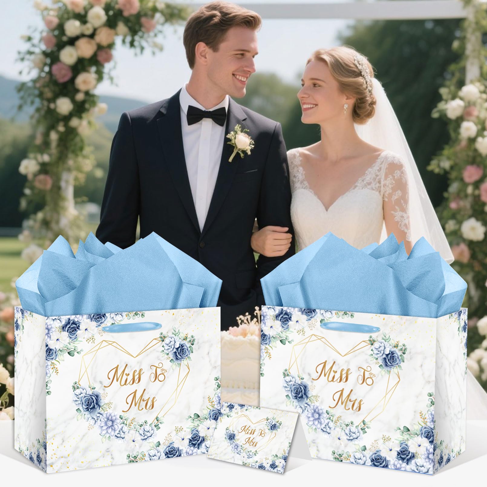 EIGHTSTATES Boho Bridal Shower Gift Bag Blue Floral Miss to Mrs Gift Bags with Card Tissue Bridal Shower Gift Wrapping Paper Bag for Weddings Bachelorette Parties Bridal Showers