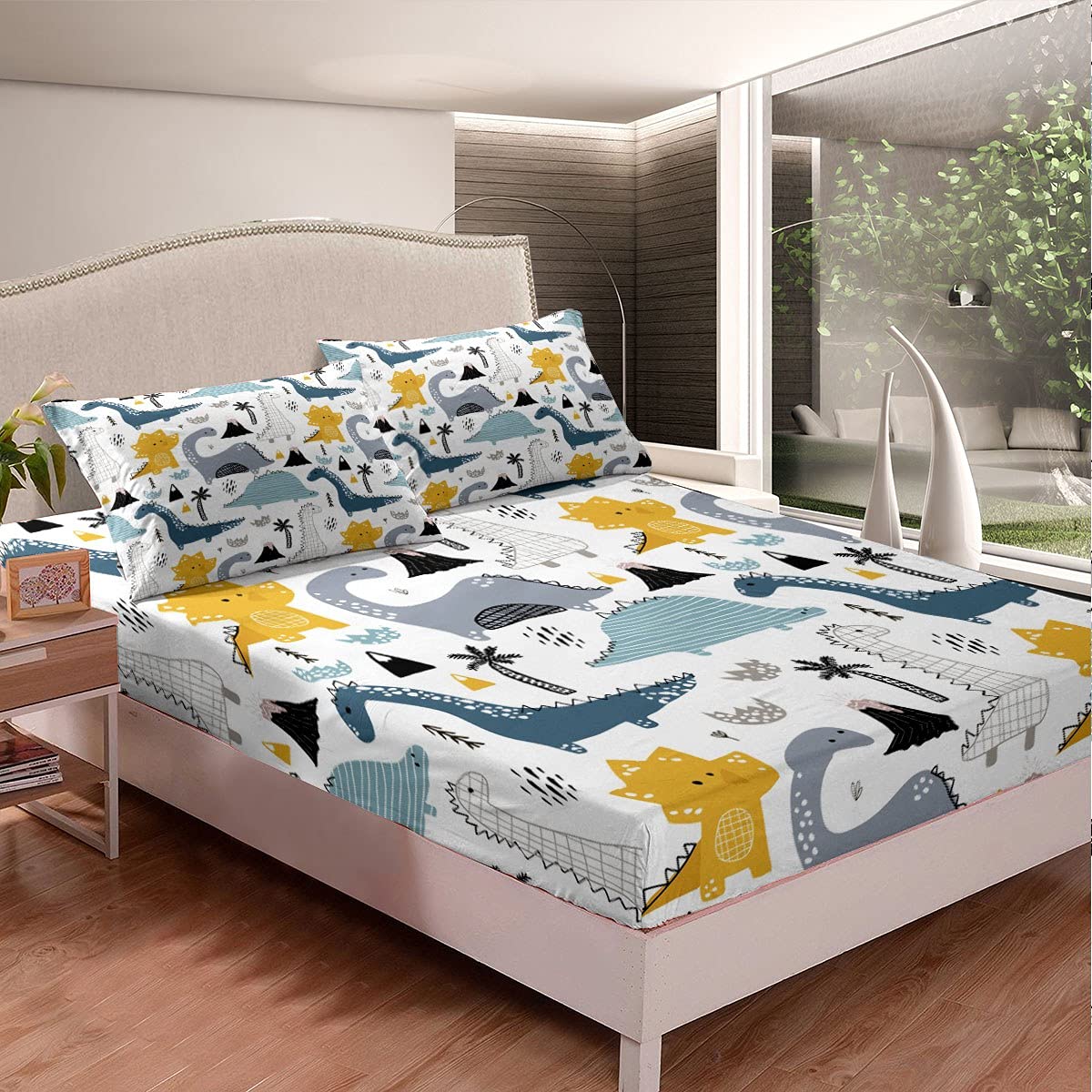 Juego de sábanas de Dinosaurio, Juego de Ropa de Cama de Dinosaurio de Dibujos Animados, sábanas bajeras de Dibujos Animados, Lindo Dinosaurio, 3 Piezas,