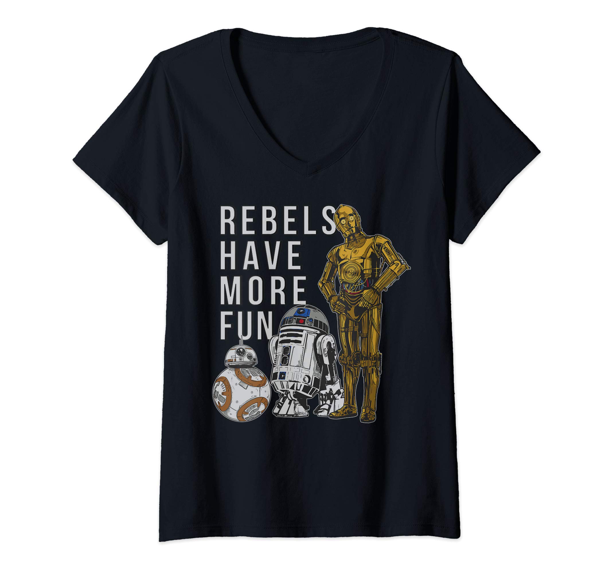 STAR WARSWomens Star Wars Last Jedi Droids Rebels Have More Fun Gold V-Neck T-ShirtOEKO-TEX STANDARD 100