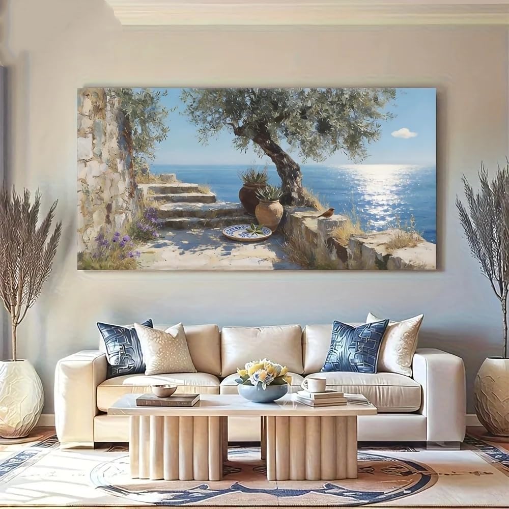 GOSRD Canvas Prints Decorative Featuring A Coastal Stone Staircase, Olive Tree Potted Ceramic Plate(60X120cm /Frameless)