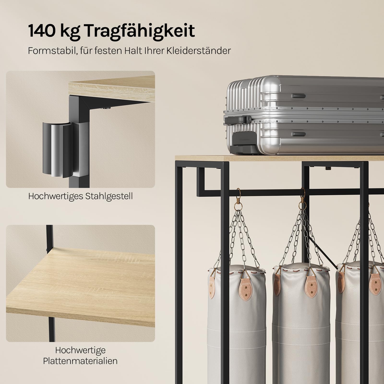 WOLTU Kleiderständer mit Ablage, für Schlafzimmer Flur, Offener Garderobenständer stabil, aus Holz und Metall, Schwarz + Hell Eiche