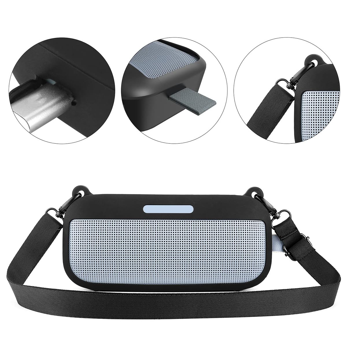 Sarini Silicone Speaker Case Cover Compatible Protective Waterproof Soft Skin Replacement Speakers Travel Carrying Case with Shoulder Strap Half Surround Black - Image 4