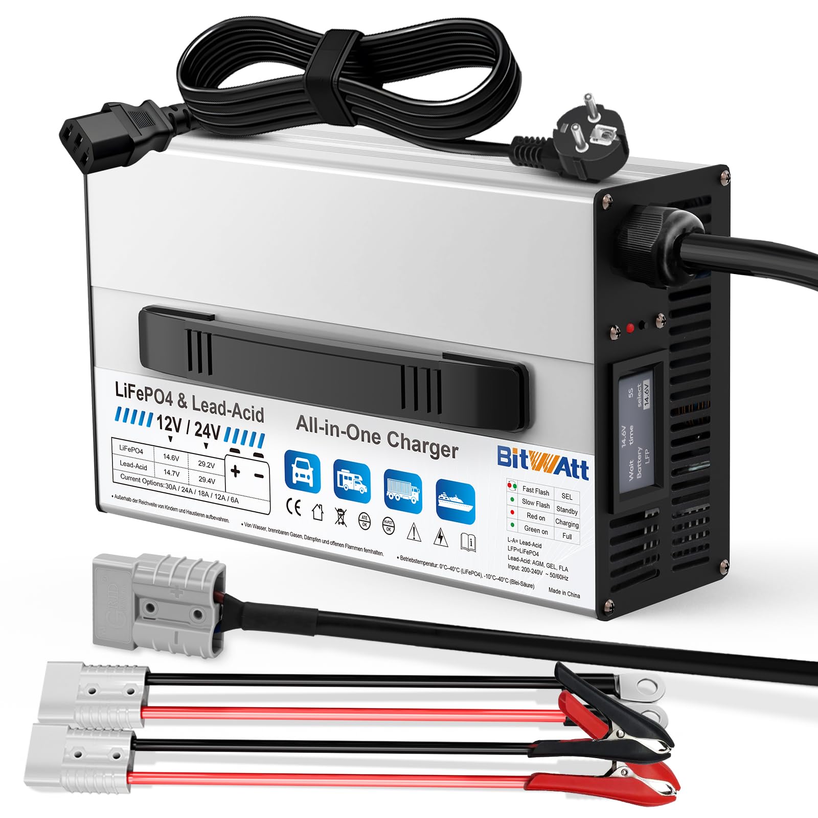 12V/24V All in One LiFePO4 & AGM Ladegerät, 6A–30A Einstellbar, Autobatterie Ladegerät für LiFePO4 Blei-Säure, AGM,Gel,FLA mit LCD Display für Auto Auto & Motorrad