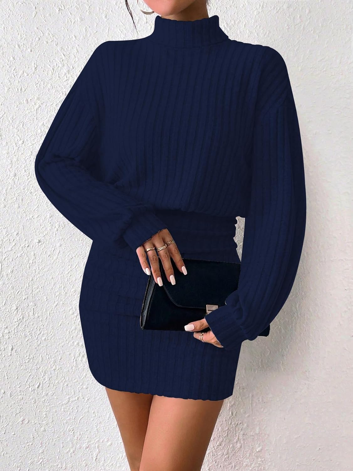 Women's Pullover Sweater Dress Long Lantern Sleeve Turtle Neck Cute Ribbed Knit Bodycon Mini Short Dress 2025 Fall - Image 2