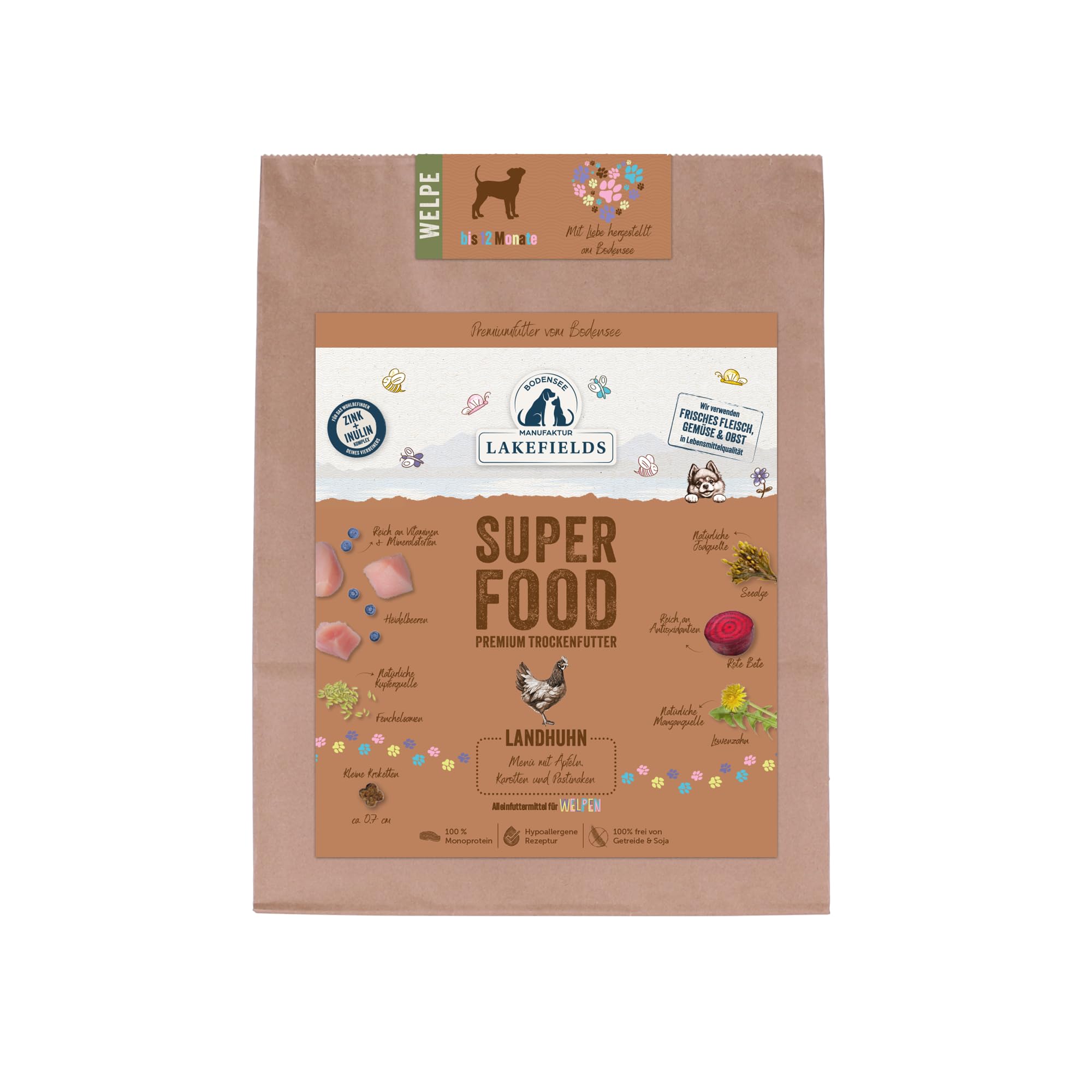 Lakefields SUPERFOOD | Premium Welpenfutter trocken | 61% Huhn | 4 x 1kg | Getreidefreies Trockenfutter für Welpen | Mit Leinsamen, Heidelbeeren & Bierhefe | Von Tierärzten entwickelt