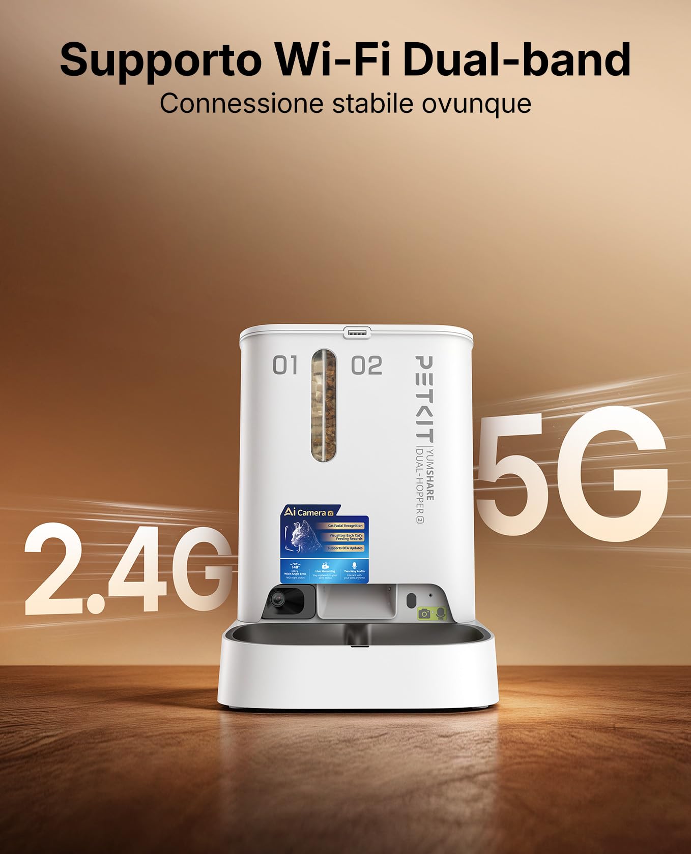 PETKIT YumShare Dual-Hopper 2, Distributore Automatico di Cibo per Gatti e Cani con Telecamera HD 1080p, Riconoscimento Multiplo Gatti, Funzioni AI, Capacità 5L, Wi-Fi 2.4 GHz e 5 GHz