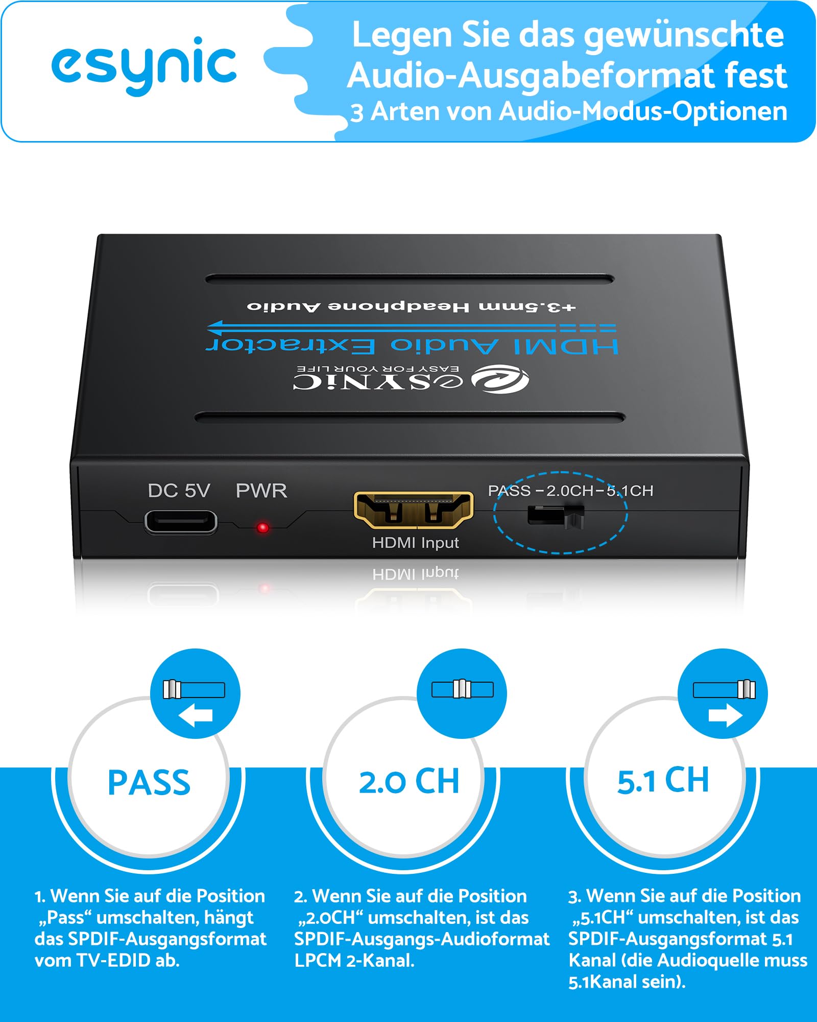 eSynic Professioneller HDMI-Audio-Extraktor, 4K-HDMI-Optischer Adapter, Audio-Splitter mit SPDIF, L/R und 3,5 mm Ausgang für PCM2.0, Dolby, DTS5.1