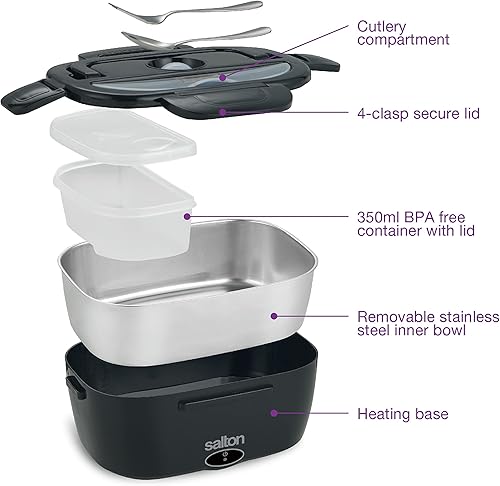 Miniatura 7 de Salton Fiambrera eléctrica 3 en 1, calentador de alimentos portátil para automóvil y hogar, lonchera térmica de 1.5 litros con tenedor y cuchara