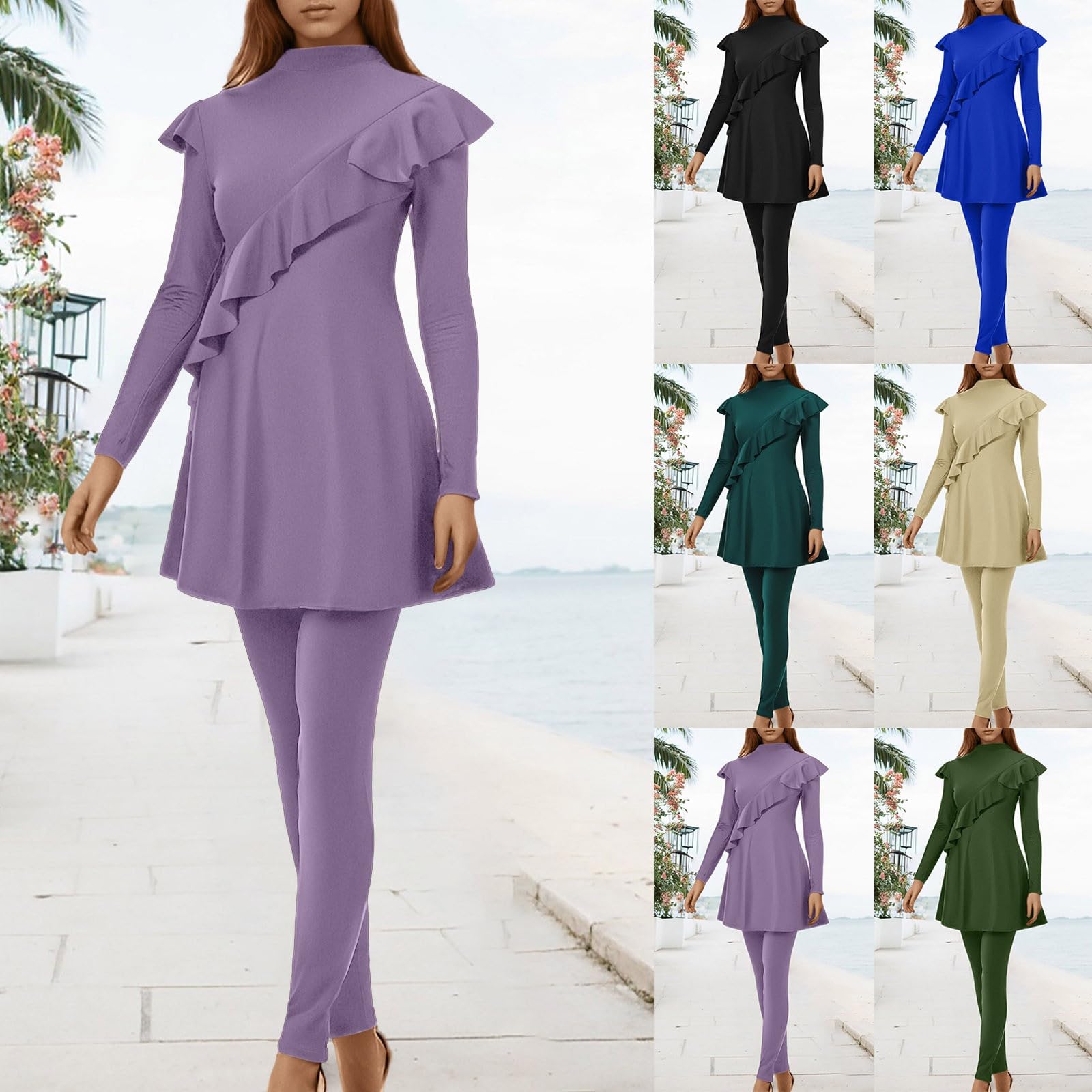 Costume da bagno musulmano da donna Burkini, Set da donna chic ed elegante musulmana, 3 pezzi, a maniche lunghe, set Burkini con copertina completa stampata islamica Hijab staccabile, beachwear Regalo