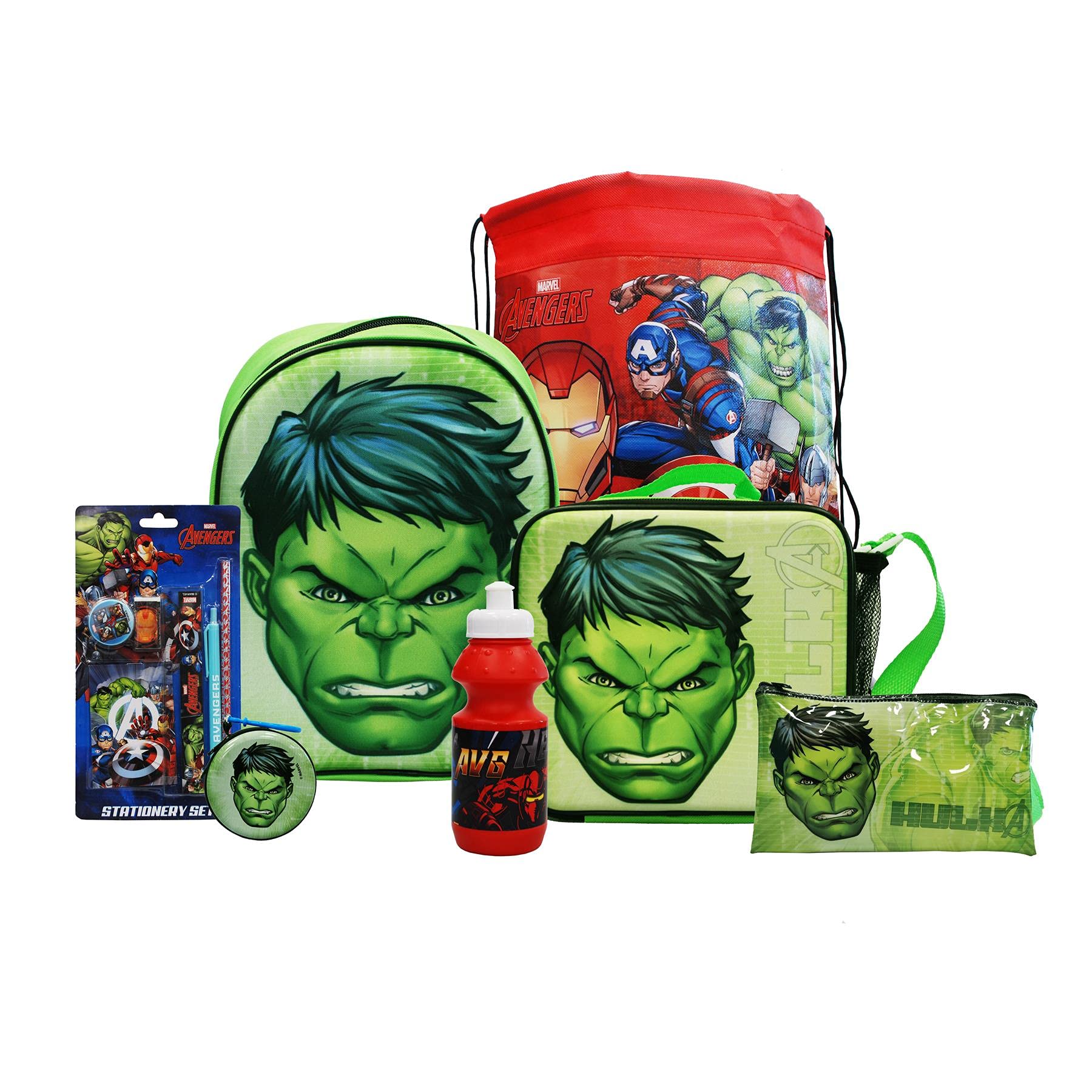 simpahome Hulk 7PC Back to School Bundle - inc 3D Backpack, Drawstring Sports Bag, 3D Insulated Lunch Bag, Water Bottle, Coin Pouch, Pencil Case & Stationery Set.