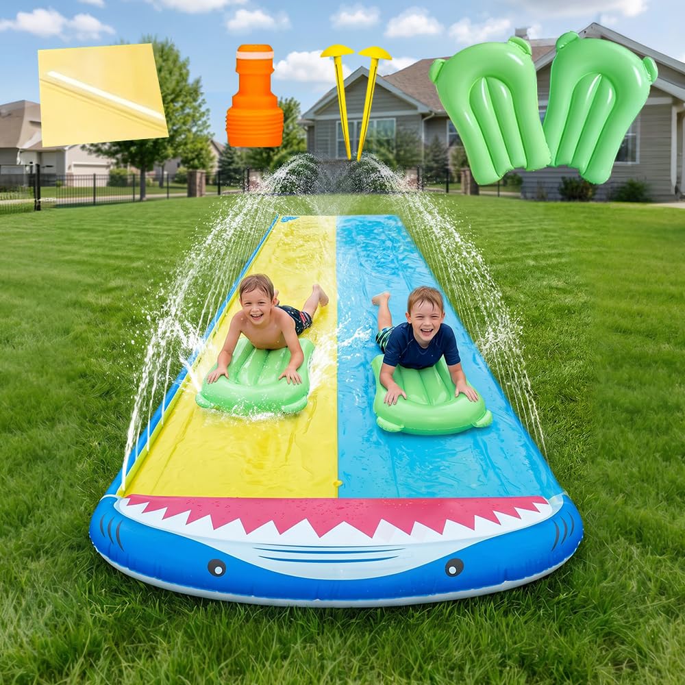 Scivolo Acquatico Giardino Doppio con 2 Bodyboards per Bambini e Adulti