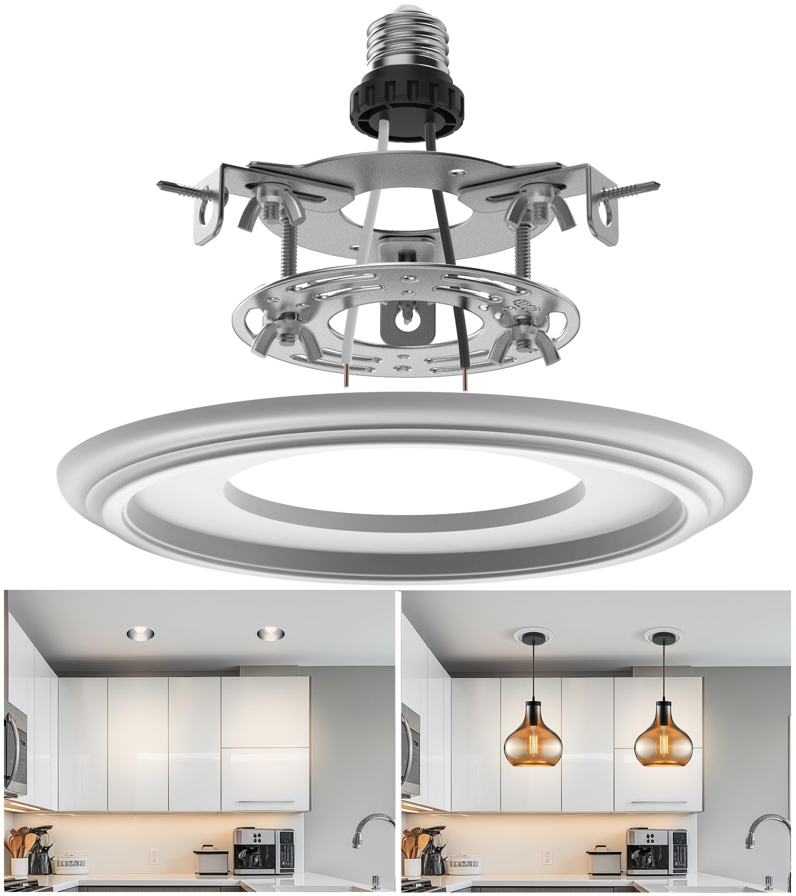 5" and 6" Recessed Can Light Conversion Kit, Light Fixture Upgrade, Pendant Light, Fan Compatible, Includes 7¾ Inch Decorative Plastic Medallion, White Finish