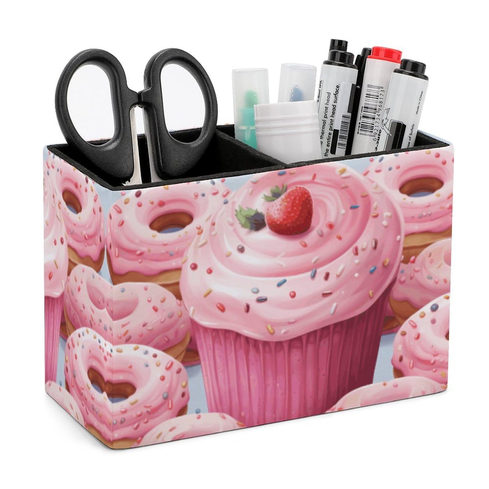LZQPOEAS Exquisite Patterns PU Leather Pen Holder, Multifunctional Desktop Organizer Caddy with 2 Compartments, Pink Donut And Cupcake Pencil Cup Makeup Brush Holder for Office Home
