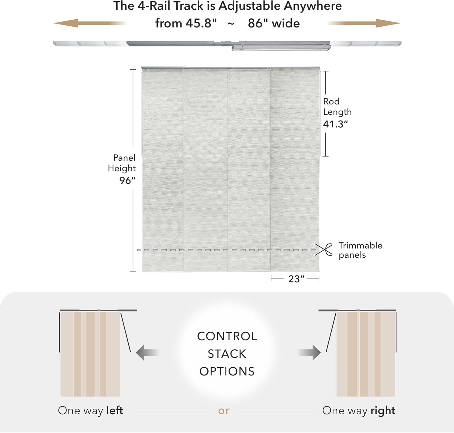 GoDear Design Adjustable Sliding Panel Track Blinds, Patio Door Blinds, Vertical Window Blinds, Extendable Track from 45.8" to 86" W, Trimmable Panel Curtains Up to 96", Light Filtering, Flat White