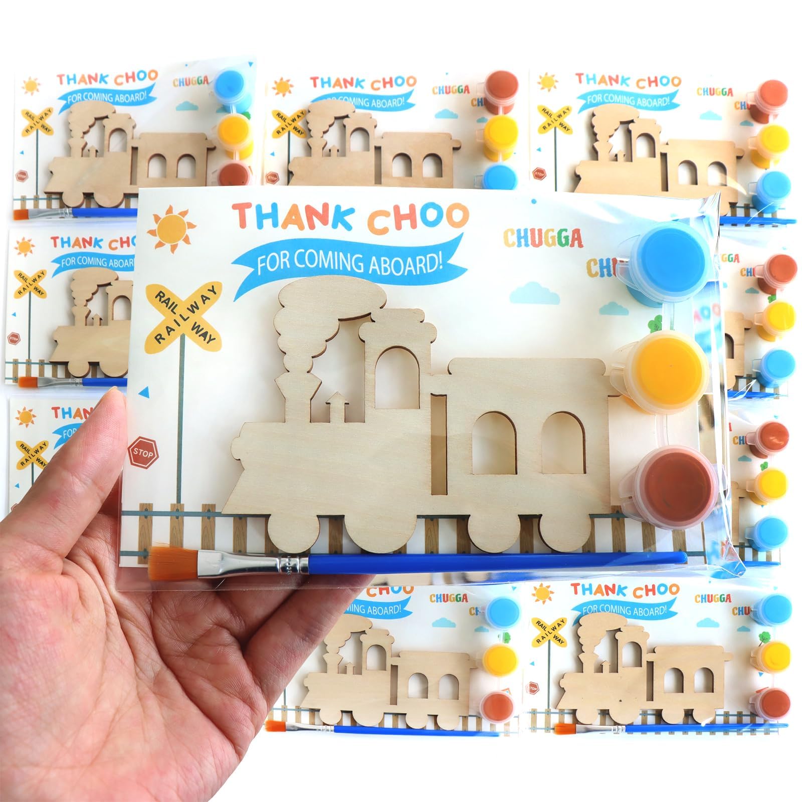 12-Pack Pre-Packaged Train Party Favors, Wooden Train Cutouts with Magnets & Painting Kits for Kids, Choo Choo Birthday Decorations & Thank You Gifts for Guests