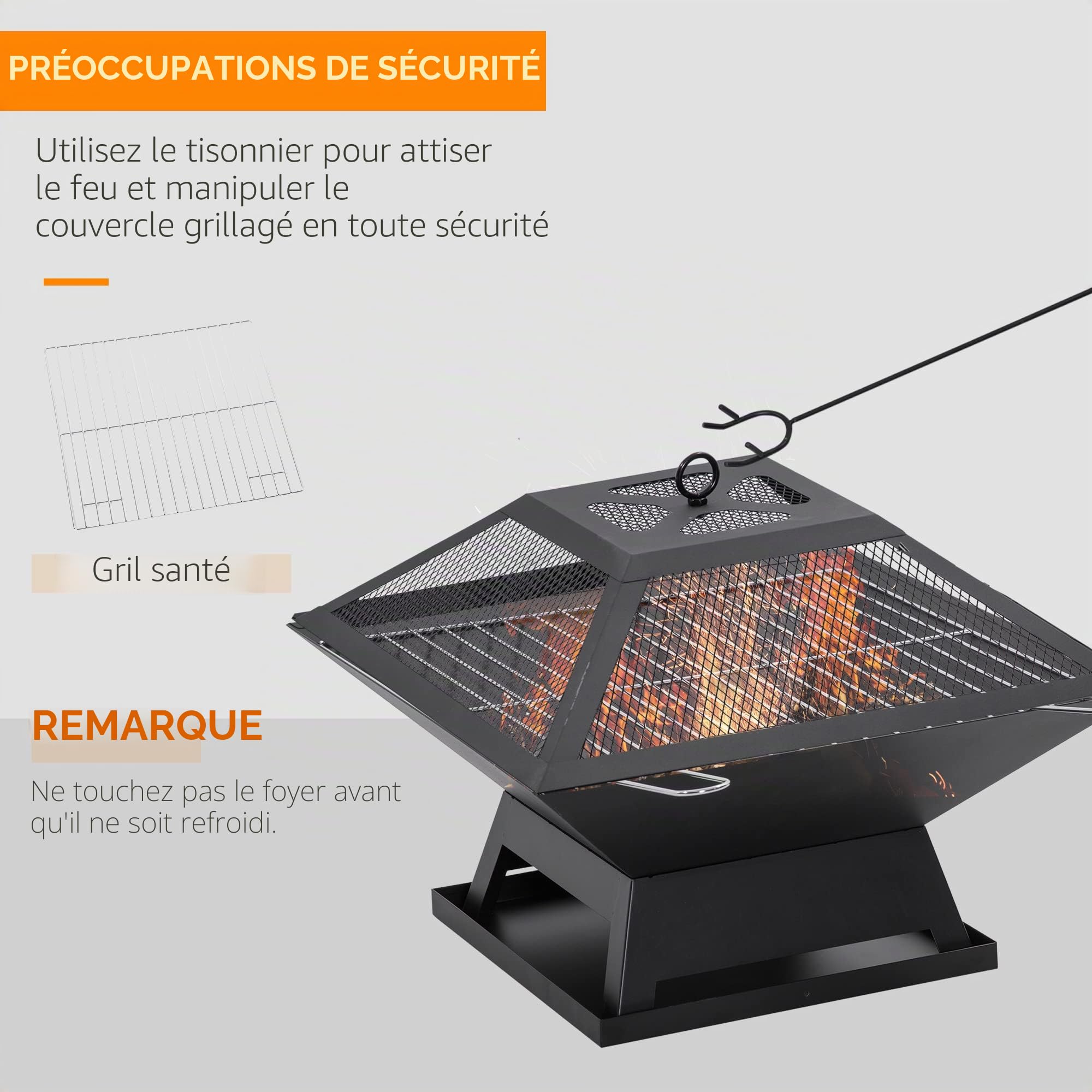 Outsunny Foyer 17.7" avec Grille BBQ, écran Anti-étincelles, Noir