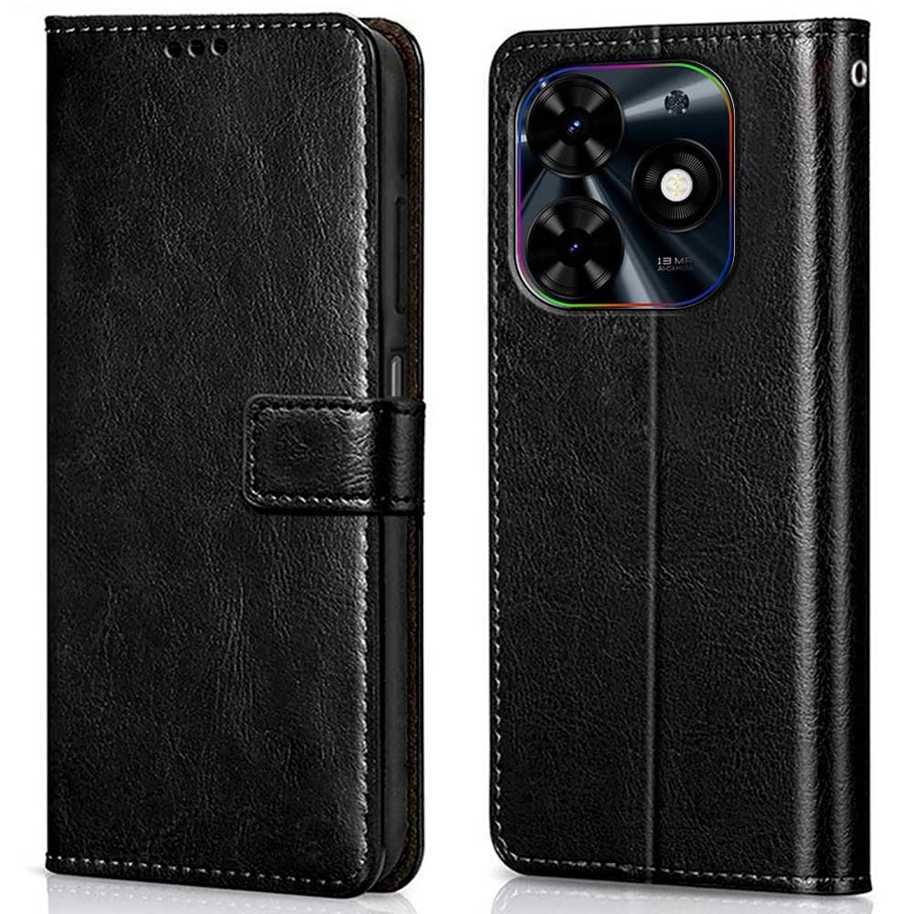 WOW IMAGINE Shock Proof Flip Cover Back Case Cover for Tecno Spark Go 2024 | Tecno Pop 8 | Tecno Spark 20 (Flexible | Leather Finish | Card Pockets Wallet & Stand | Black)