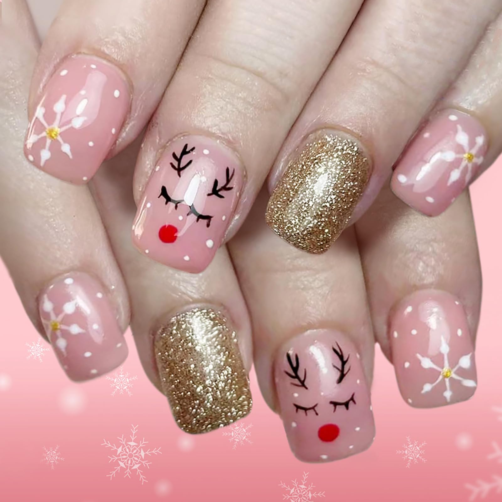 24Pcs Cute Christmas Press on Nails Short Square Fake Nails Elk Snowflake False Nails with Gold Glitter Designs Xmas Pink Nails Press ons Short Square Stick on Nail Full Cover Glue on Nail for Women