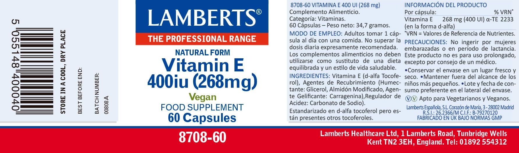 Lamberts Vitamina E, Natural 400Ui, Blanco, 60 Unidades