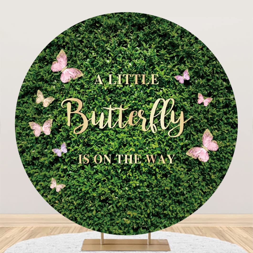 Laeacco Greenery Baby Shower Round Backdrop Cover 7.2x7.2ft A Little Butterfly is On The Way Baby Shower Photo Background Green Leaves Butterfly Theme