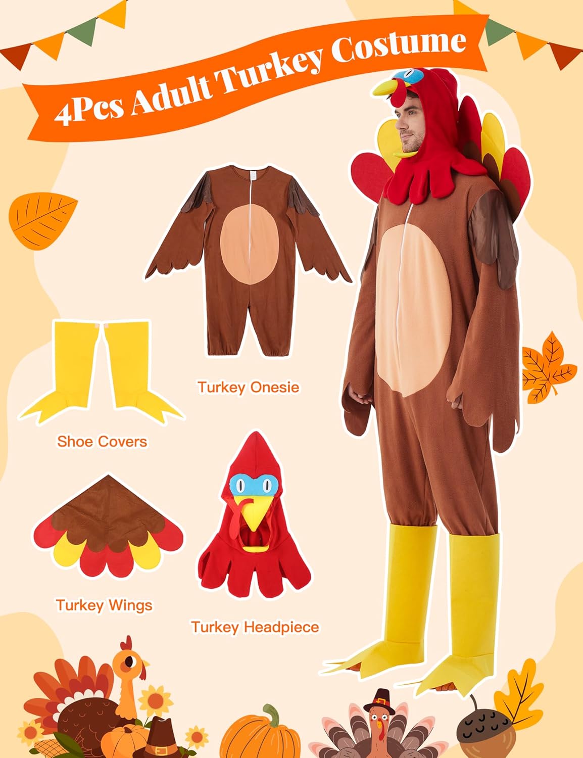 Turkey Costume Adult Men Thanksgiving Outfit 4PCS Set Animal Funny Onesie Cosplay Party Halloween Plus Size Suit - Image 4