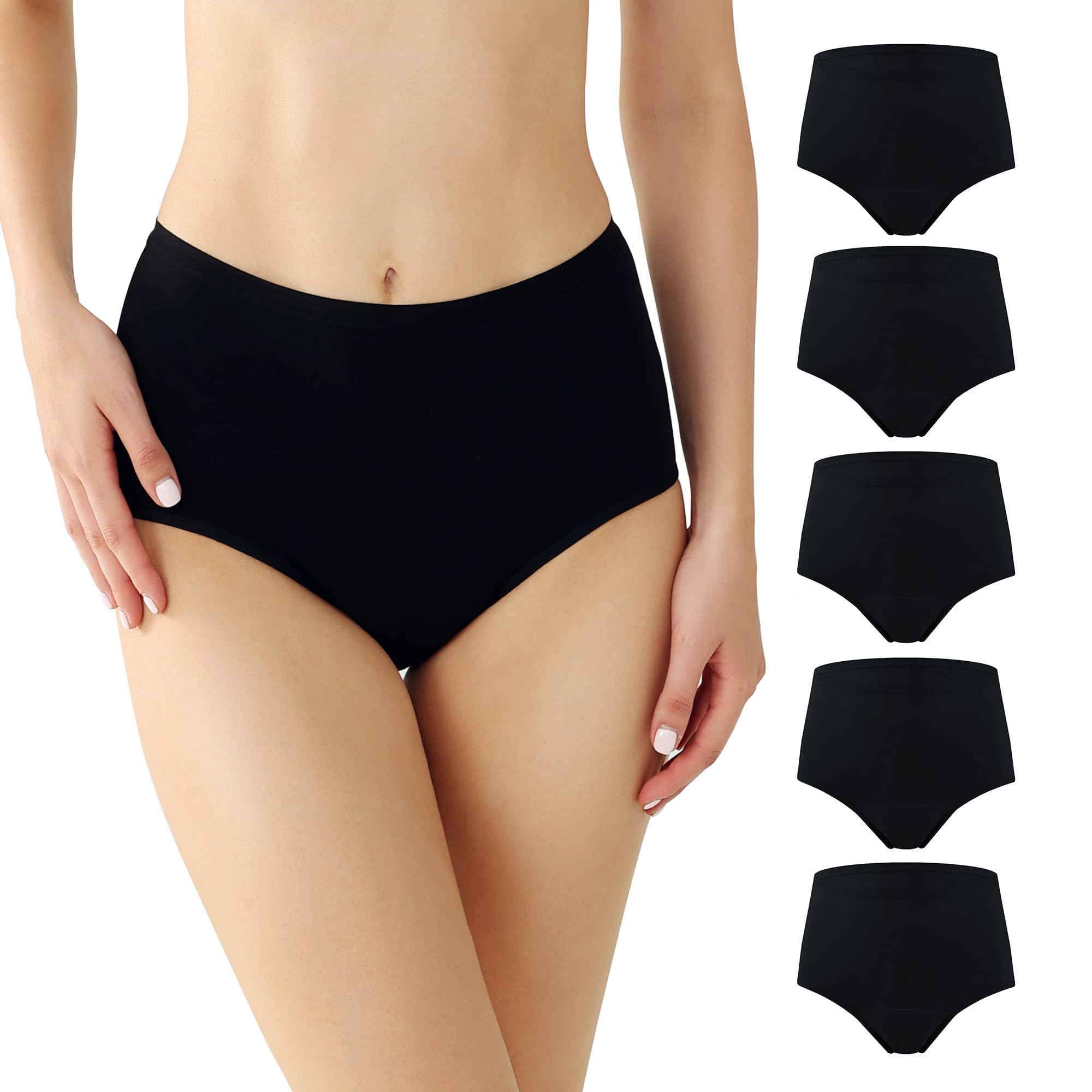 BATTEWA Incontinence Underwear for Women Washable, Leak Proof Underwear High Waist Cotton,Bladder Leakage 50ML (5Black, 2X-Large, 5 Pack)