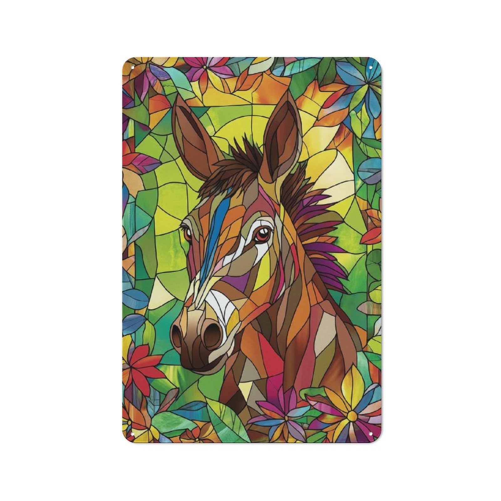 Junmoney Stained Glass Donkey Vintage Tin Sign 30X20cm For Garden Room Or Summerhouse, For A Newly Organised Room And Metal Sign Display