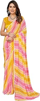 MOHIT CREATIONS Women's Party Wear Georgette Printed Border Ready To Wear Saree With Unstiched Blouse Piece