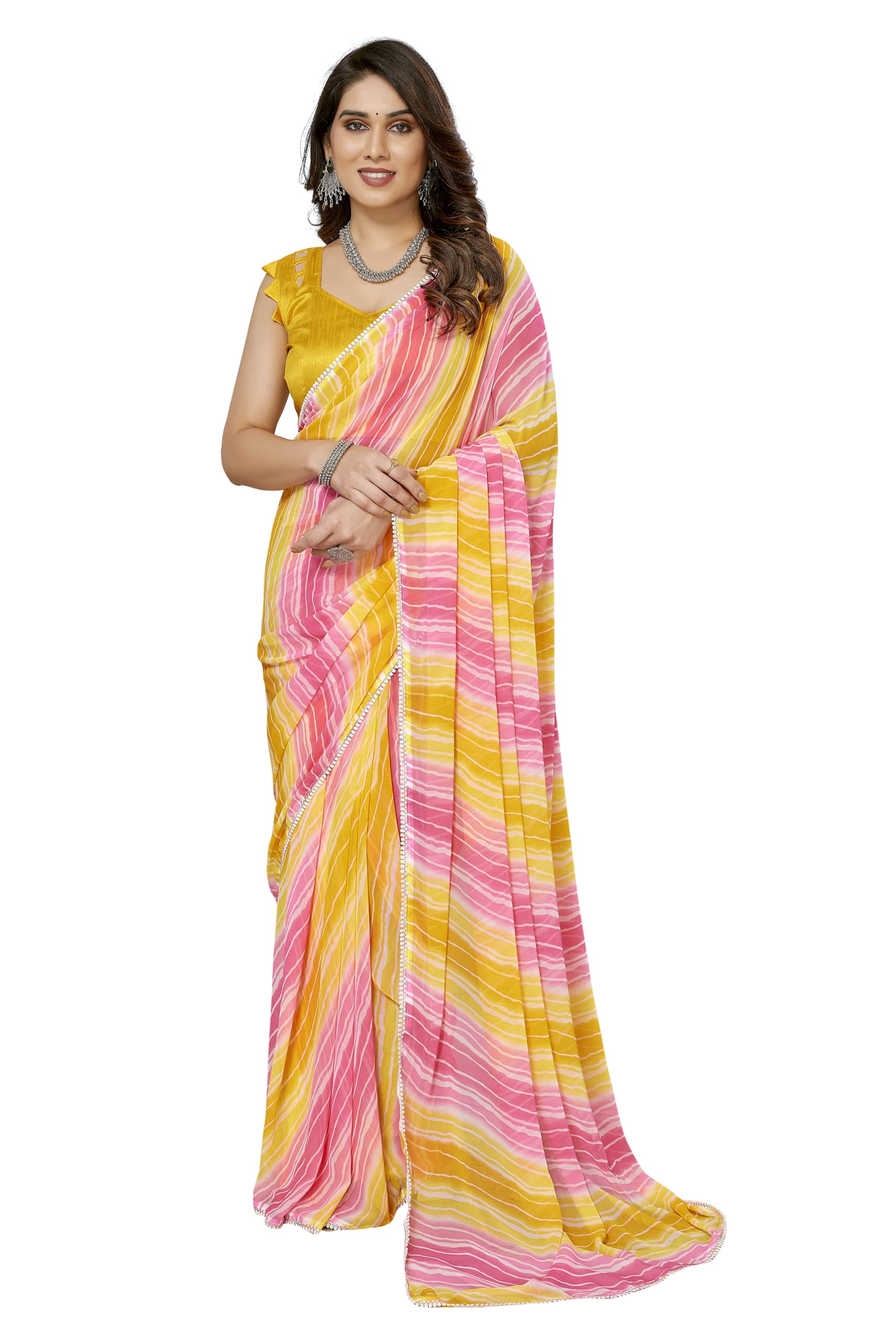 MOHIT CREATIONS Women's Party Wear Georgette Printed Border Ready To Wear Saree With Unstiched Blouse Piece
