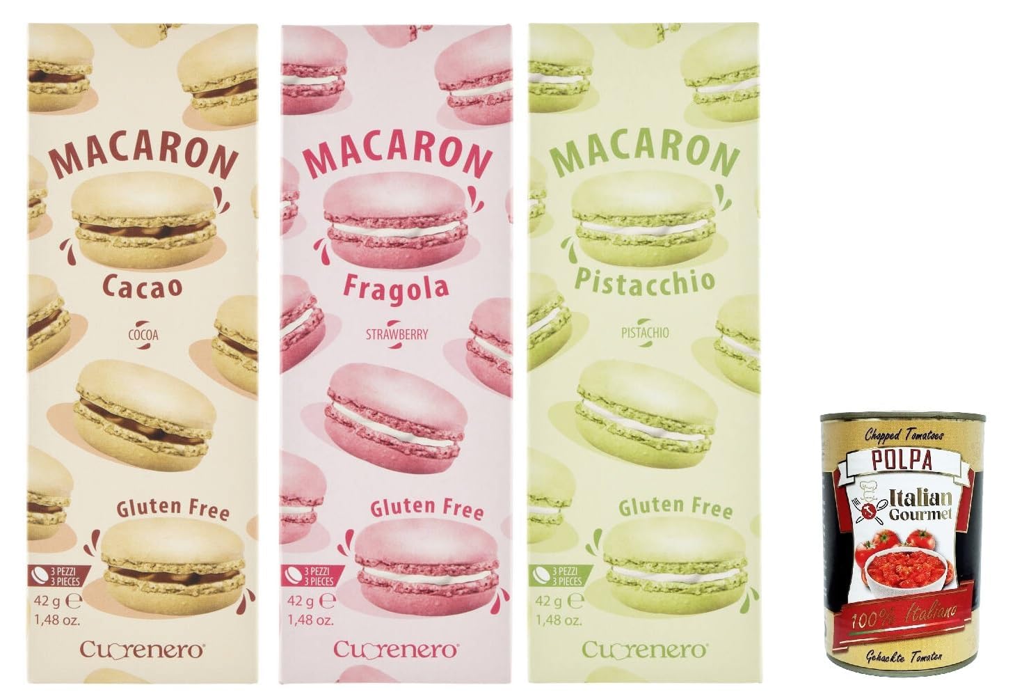 Italian Gourmet Macarons Sans Gluten Assortis 3 x 42 g, Cacao Fraise Pistache, 3 Étuis de 3 Pièces, Biscuits Fourrés Sans Gluten, Assortiment Gourmand de Macarons + Italian Gourmet Polpa