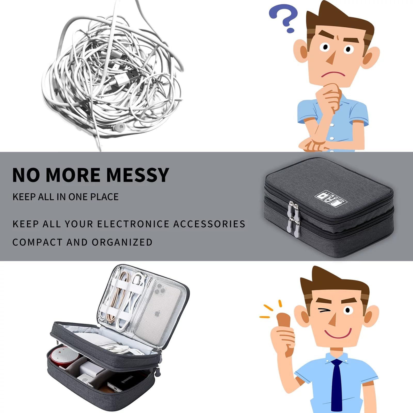 UCRAVO Custodia impermeabile per accessori elettronici a triplo strato, organizer universale per cavi, custodia organizer da viaggio con manico, borsa per il trasporto elettronico per cavo, Flash