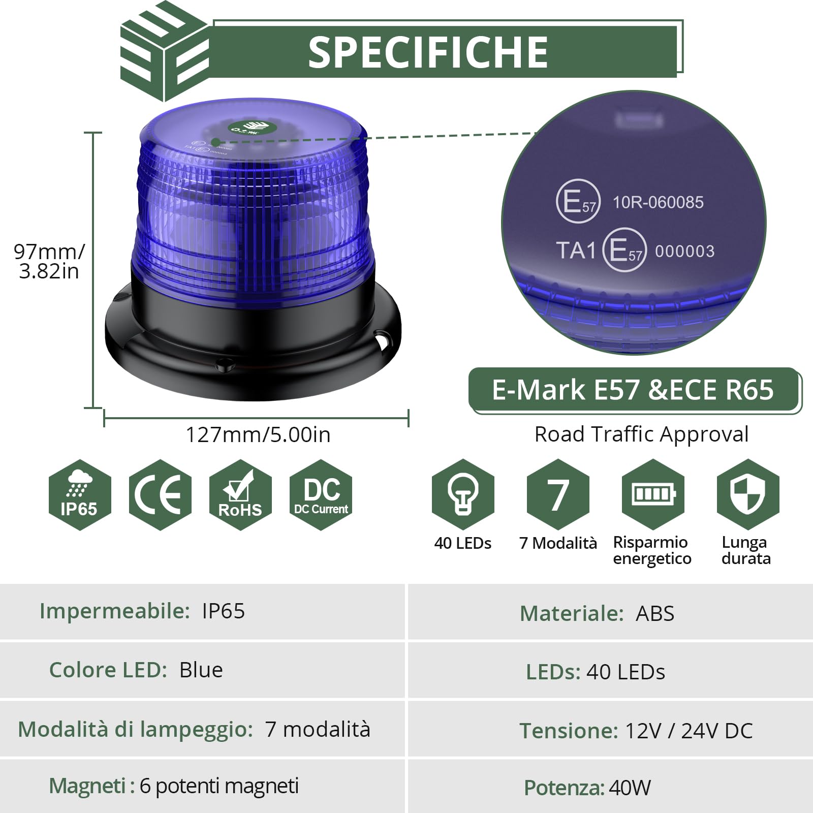 EYPINS 40 LED Luce Lampeggiante per Auto Blu,Luce Stroboscopica di Emergenza con Base Magnetica,Spia di Avvertimento per Auto da 40 W,E57/IP65,Cavo da 5 m,per 12 V/24 V Trattore,Camion