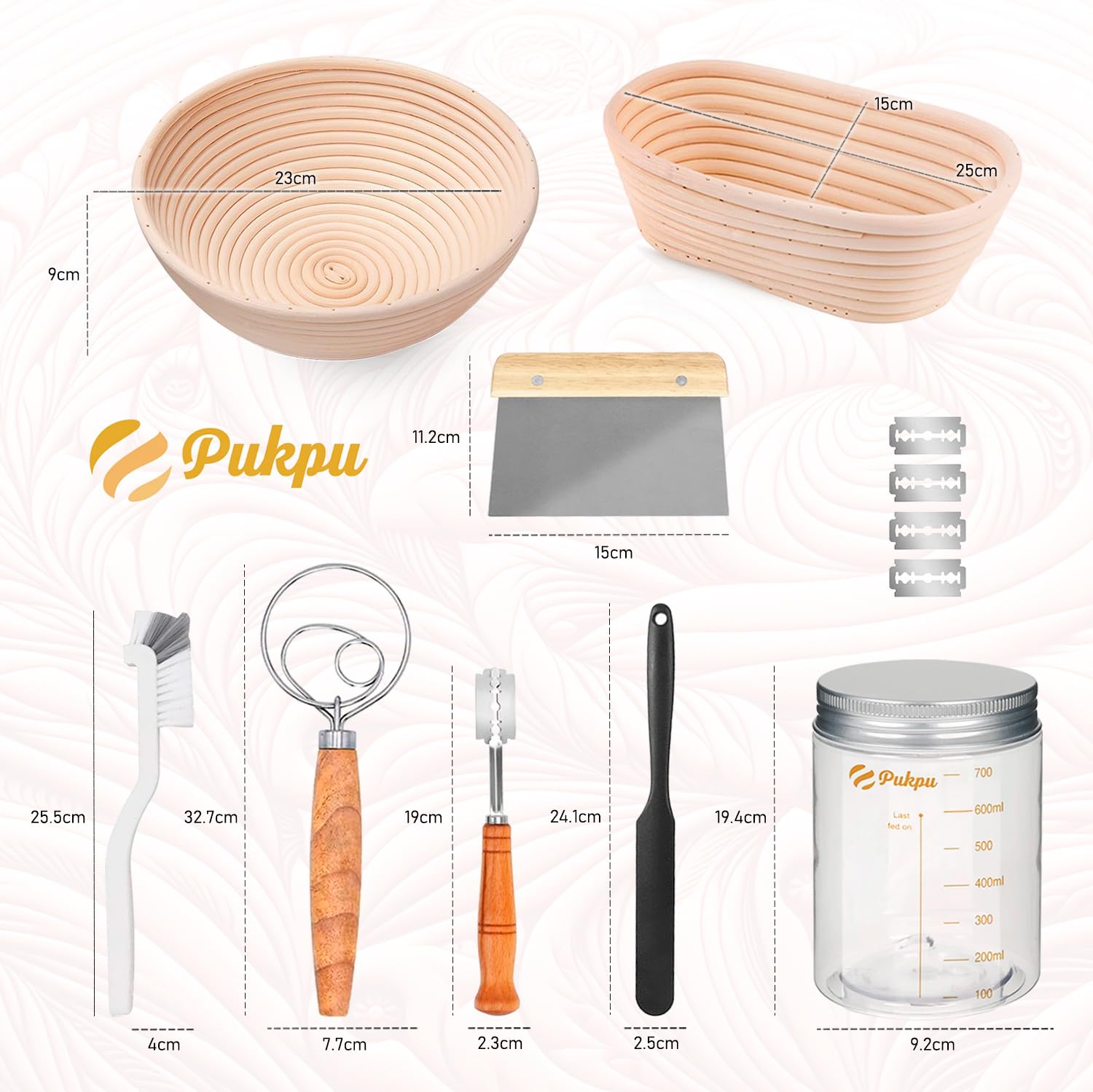 Kit Preparazione Pane in Casa 8 Pezzi - Include 2 Cestini Lievitazione Pane, Barattolo Lievito Madre, Lameta Per Pane, Spatola Impasto, Frusta Impasti, Spazzola Metallica e Misuratore Crescita