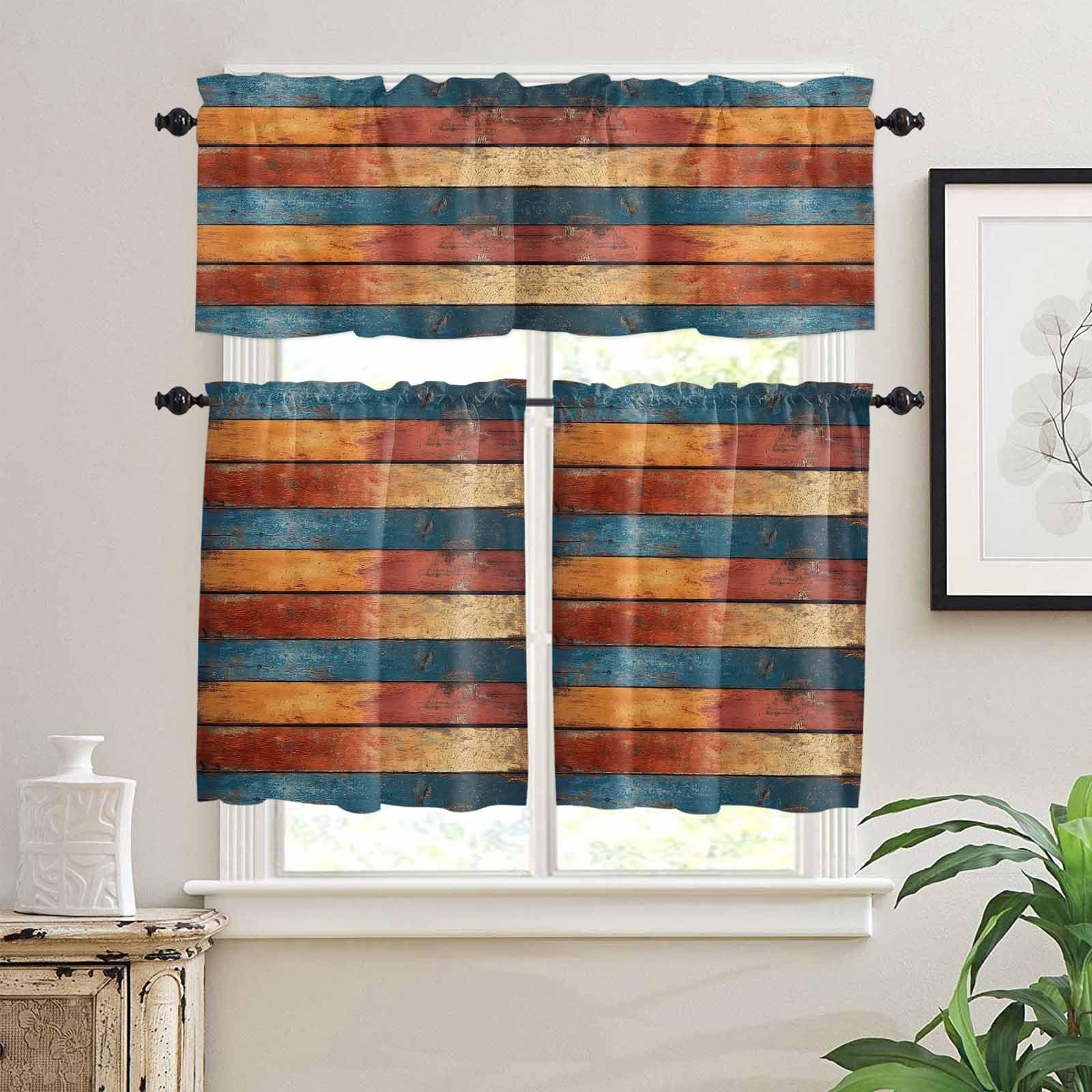 Farmhouse Orange Blue Yellow Kitchen Curtains 36 Inch Length, 3 Piece Rod Pocket Small Half Tiers and Valance Set, Vintage Wood Country Small Large Window Treatment Decor for Bedroom/Bathroom Sink