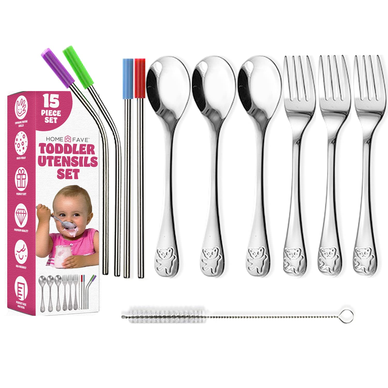 15 Pieces Toddler Kids Utensils Kids Silverware Set Stainless Steel, Safe Baby Utensils 3 Toddler Forks 3 Toddler Spoons 4 Reusable Metal Straws 4 Silicone Tips and Brush, Kid Utensils Flatware