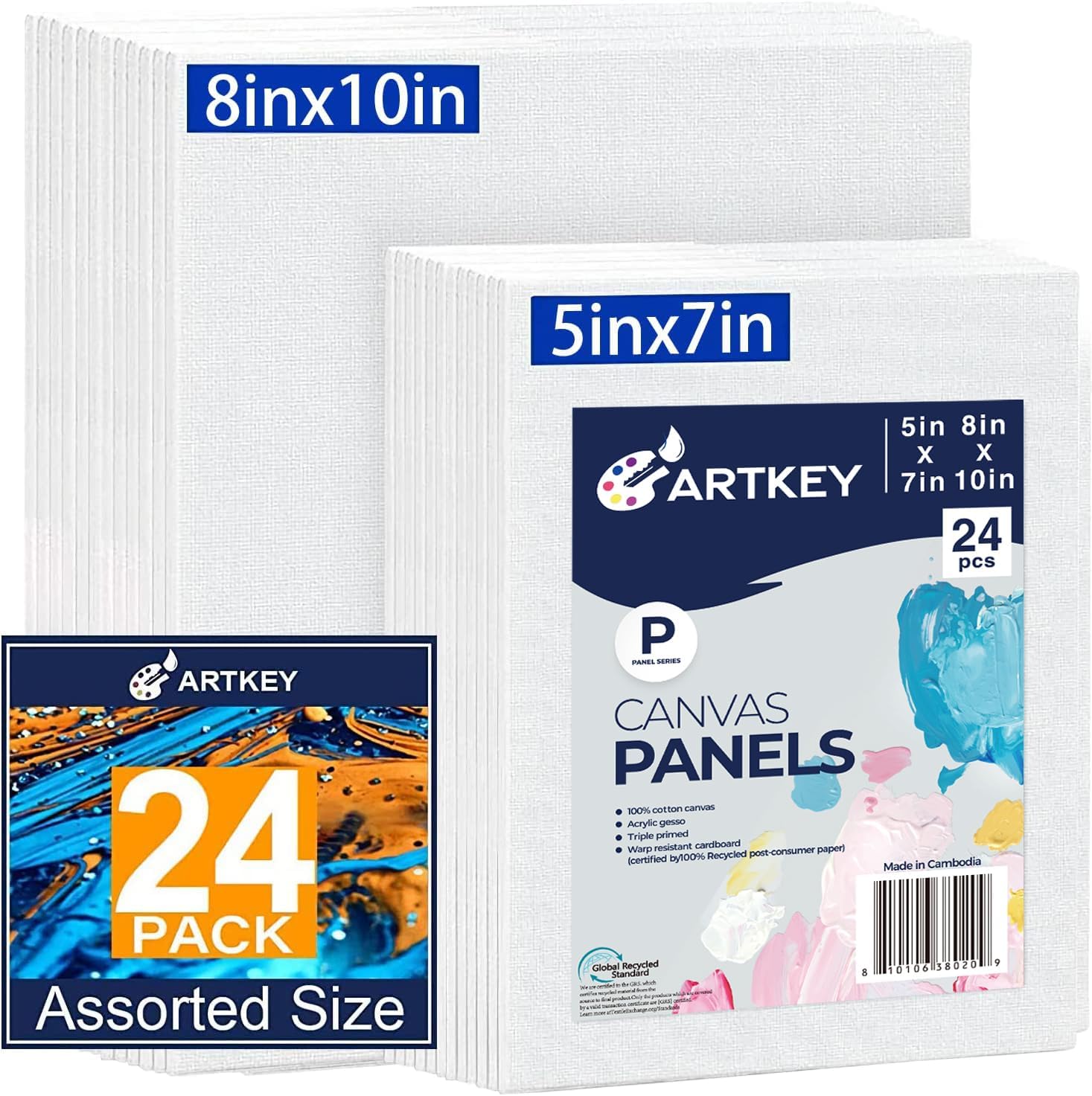 Artkey Canvas Panels 24-Pack 5x7, 8x10 Inch, 10 oz Primed 100% Cotton Paint Canvases for Painting, White Blank Flat Canvas Boards for Acrylics Oil Watercolor Tempera Paint