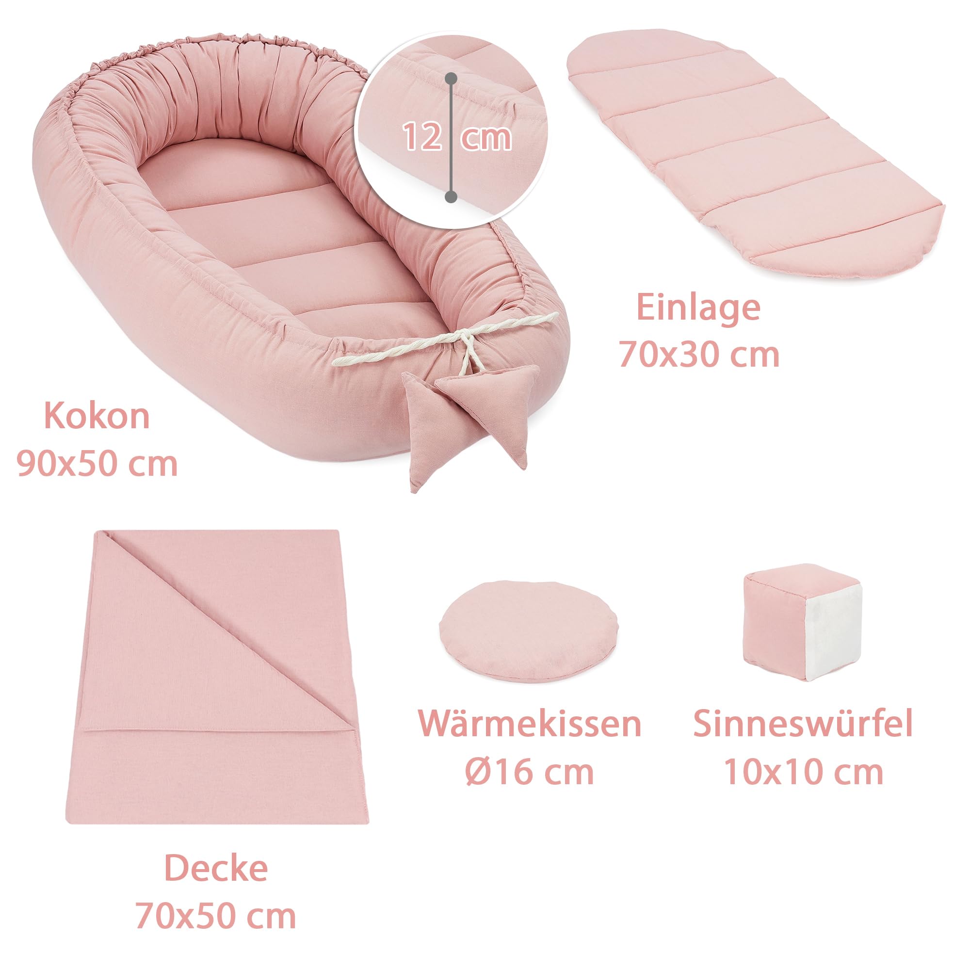 Totsy Baby Riduttore lettino neonato 90x50 cm Cotone - riduttore per culla tessuto in pile di cotone Bozzolo in 5 parti con coperta Rosa Sporco