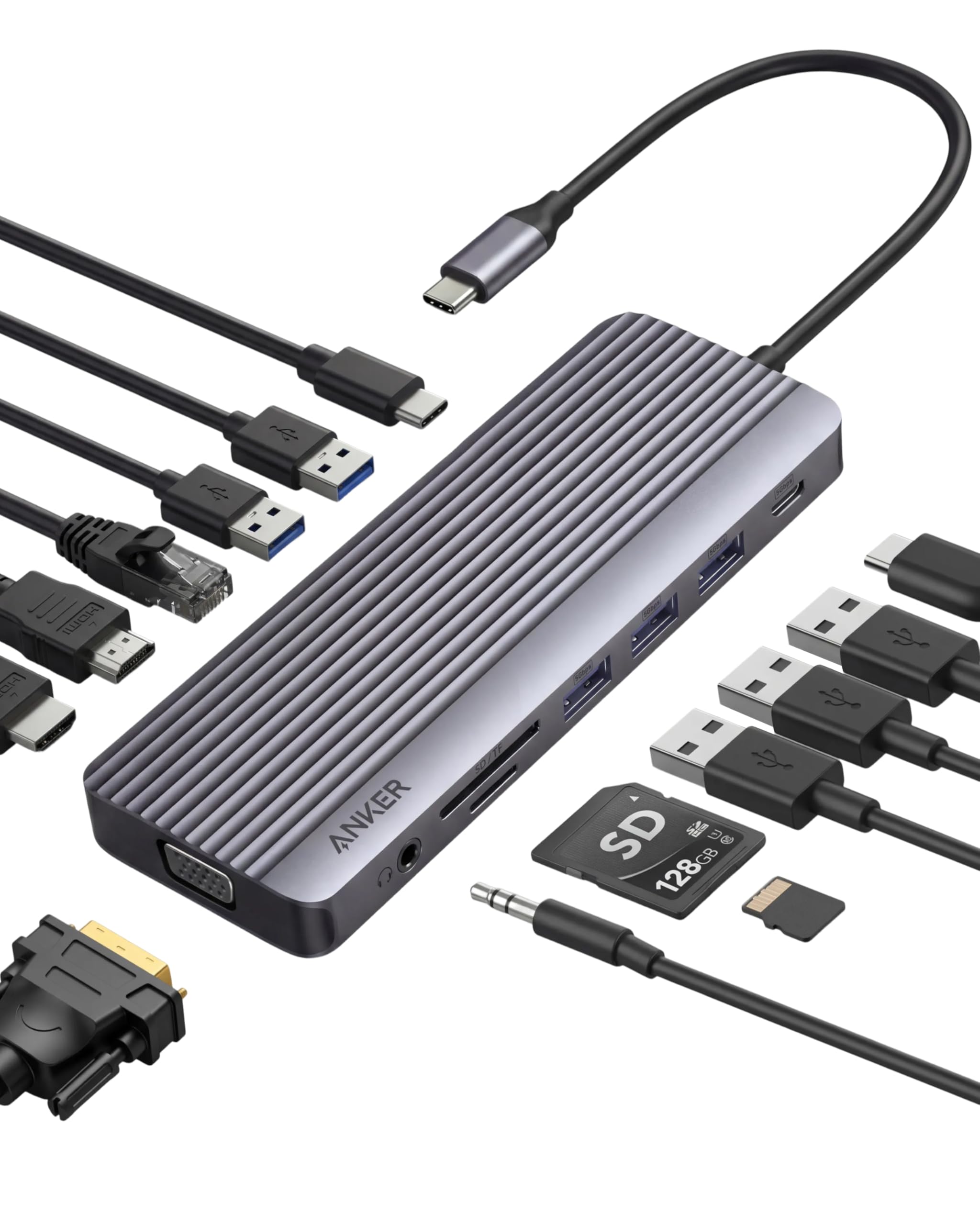 Anker Triple Display USB-C Hub (14-in-1), Dreifaches Display, 4K@60Hz HDMI mit 80W Max Power Delivery, 5 Gbit/s USB-C USB-A Datenports, Für MacBook, Lenovo, Dell XPS, HP Laptops (Ohne Ladegerät)