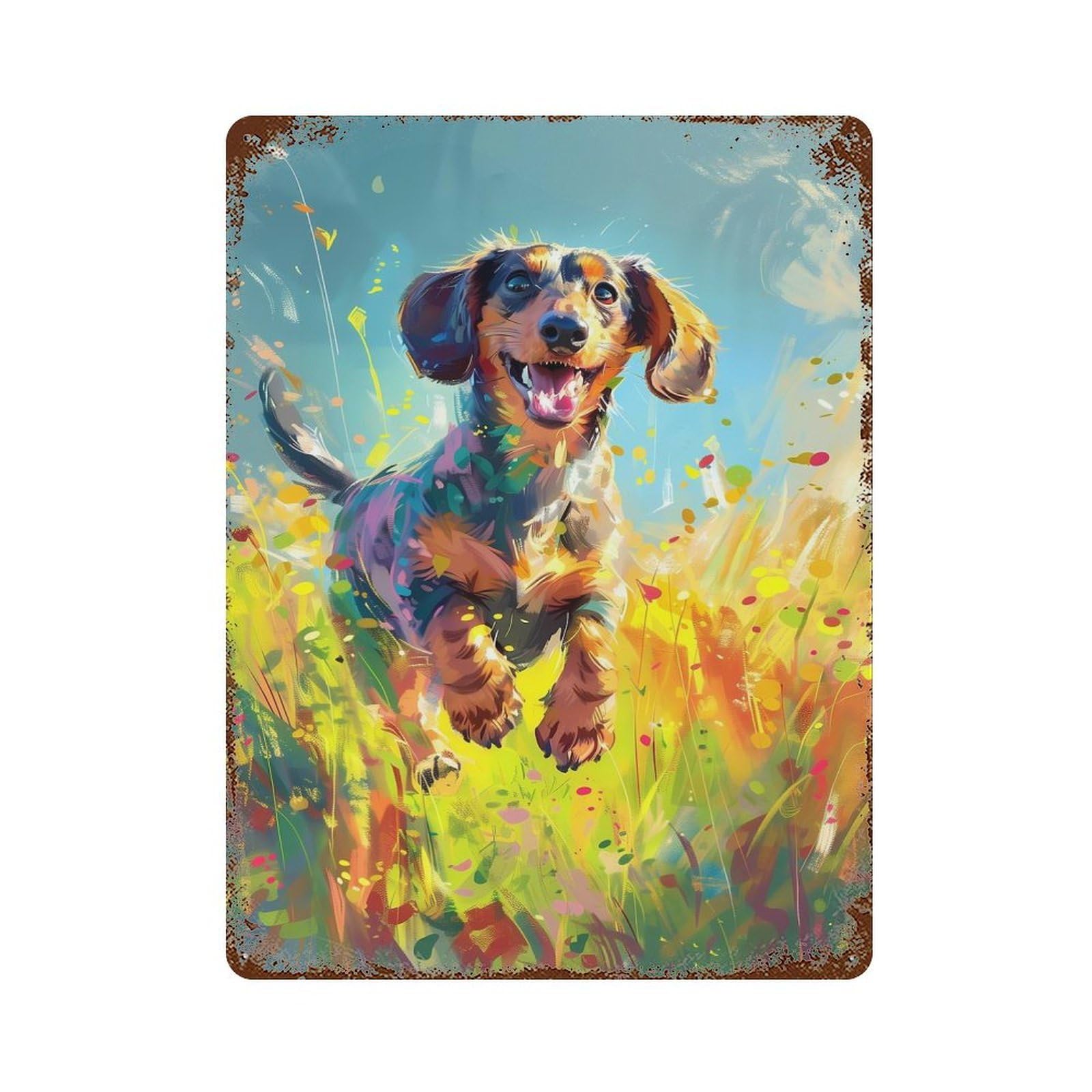 Playful Dachshund Dog 15.7"x11.8" Rusty Metal Tin Sign, Novelty Wall Decor for Cafe, Home Bar And Lounge Decor