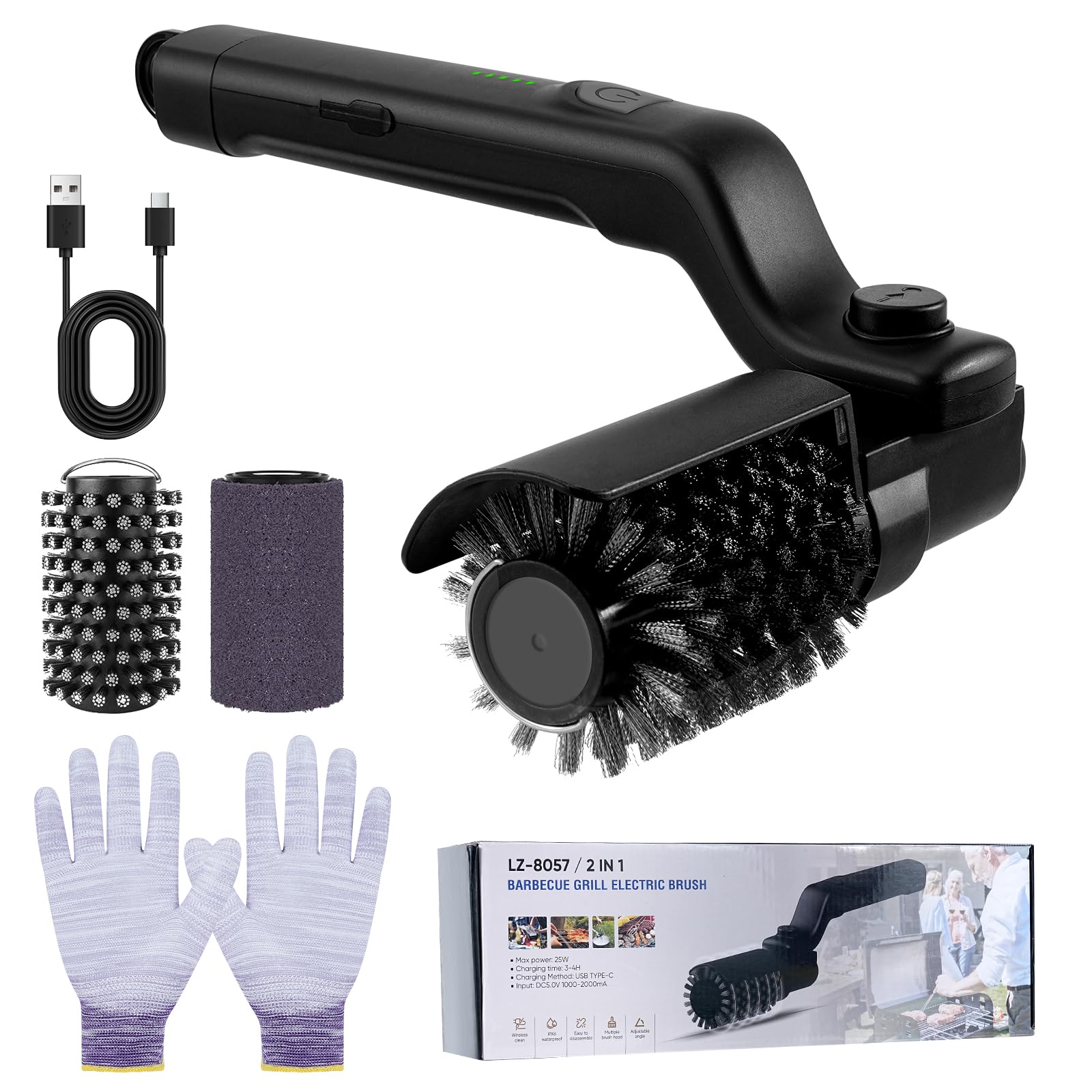 Fizzyo Electric Grill Brush, BBQ Grill Cleaner for Outdoor Grill with 3-Speed Power & 2 Brush Heads, 180°Adjustable Angle, Stainless Steel Bristles, Rechargeable Grill Cleaning Tool for BBQ Grates