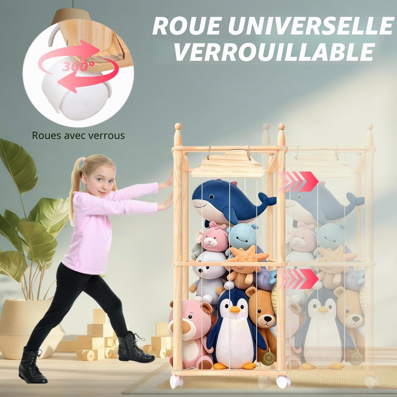 Rangement en Bois pour Peluches, avec roulettes à 360 °, Rangement pour Peluches, pour Salle de Jeux, Chambre à Coucher, Chambre d'enfant