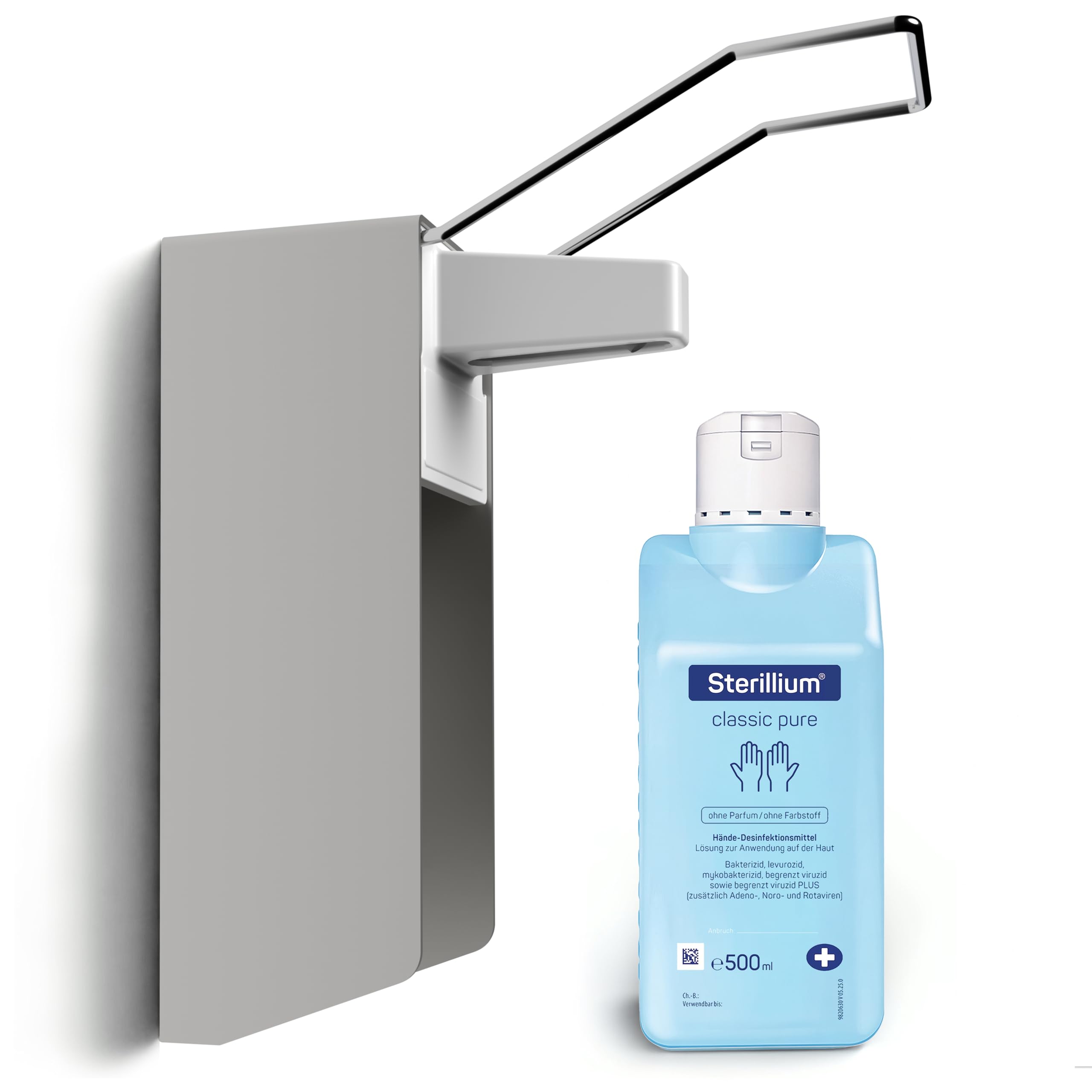 Desinfektionsspender/Seifenspender/Langarm-Wandspender aus Aluminium Starterset mit Sterillium Classic Pure Haut-sensitivem Händedesinfektionsmittel (1)