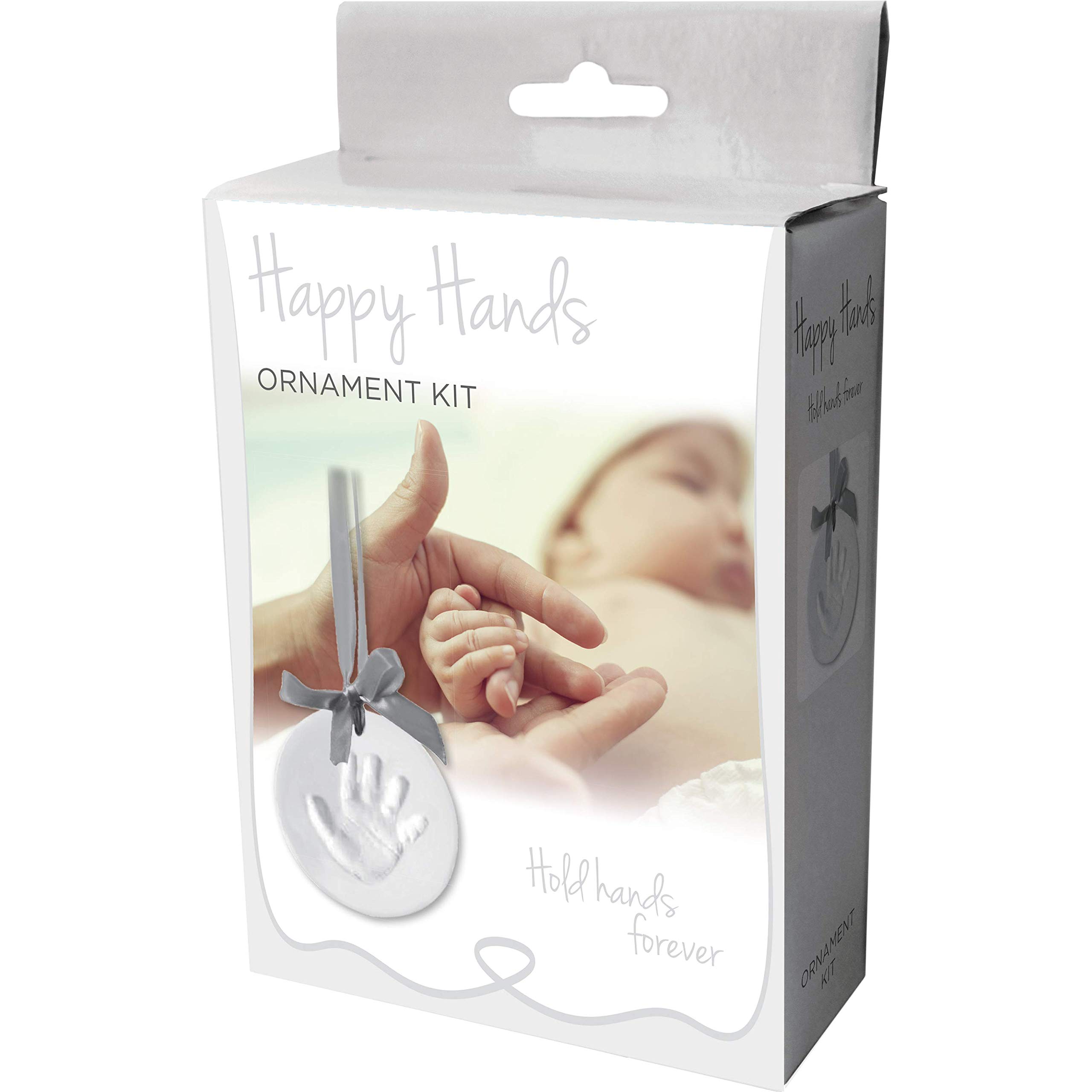 Dooky Happy Hands Ornament Juego de huellas de mano o de pie para un bebé como recordatorio (diámetro: 10,5 cm, fácil de manejar, incluye arcilla de modelar y cinta para la piel), plata